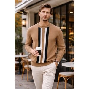 Hugo Boss BOSS Sweater Mens L Camel Brown Stripe Virgin Wool Crewneck Italy Yarn